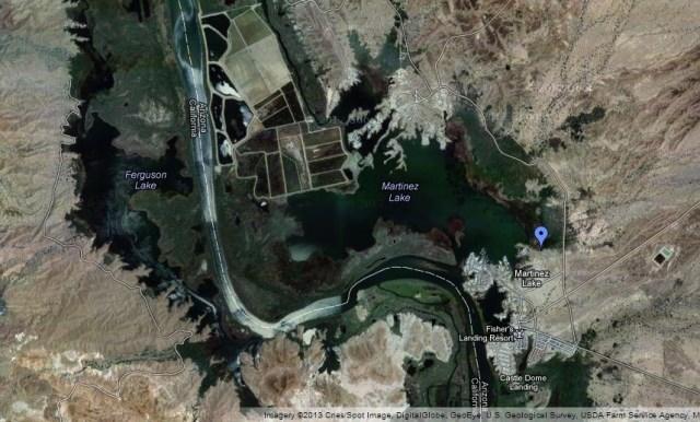 An overview of both Ferguson and Martinez Lakes. Ferguson is rarely visited as it is down a long dusty road with lots of private property around it. Swallows may roost there but overall Martinez Lake offers better views and is easier to get to. The blue marker represents a good place to view from. See also the next map.
