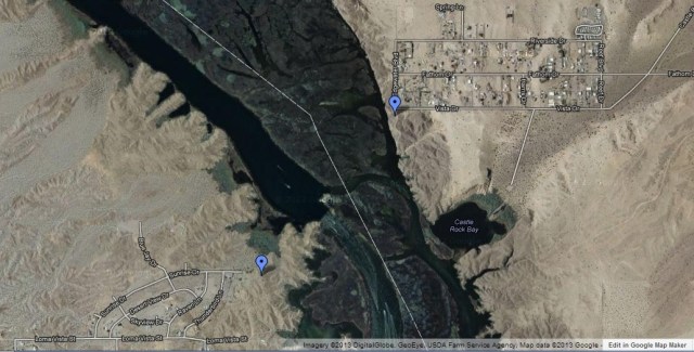 Castle Rock is the blue pin on the east side of the river while one of the possible access points for Havasu Landing is on the west side. See text for details.
